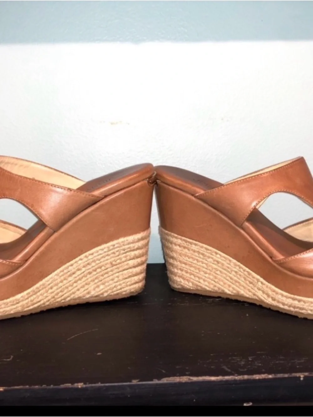 Jimmy Choo Tan Leather Espadrille Platform Wedge Slides